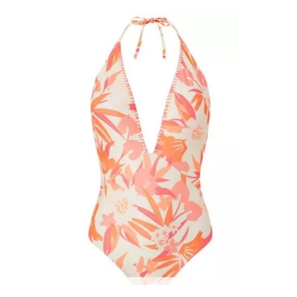 Accessorize One Piece Halter Swimsuit Orange Plunge Neck Floral US 6 UK 10